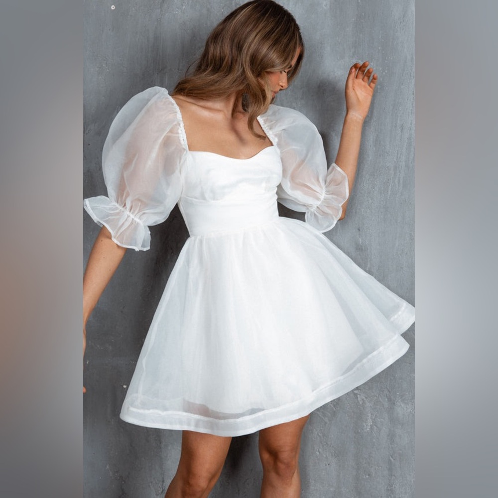Selfie Leslie White Mini Dress with Sheer Sleeves
